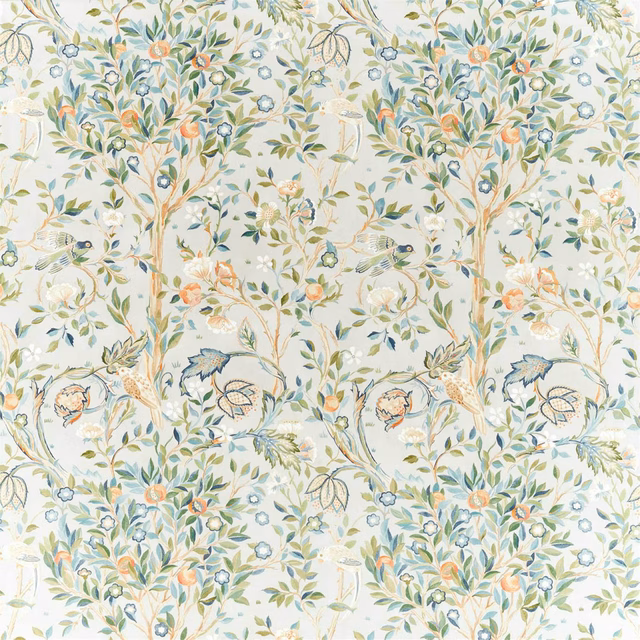 Pale grey botanical fabric with sage foliage, blue leaves and peach blossoms