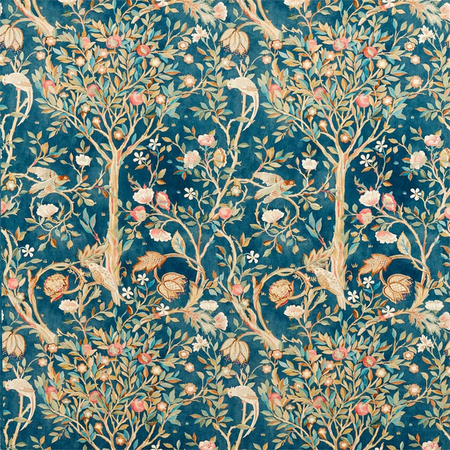 Deep indigo-teal botanical fabric with cream trees, coral blossoms and ochre birds