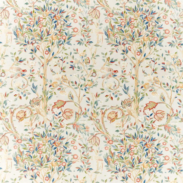 Warm ivory fabric with large trees, fine foliage and muted coral blue botanical details