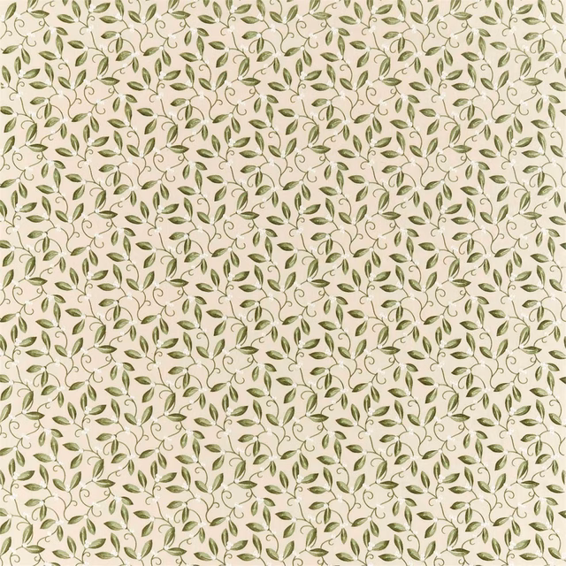 Warm cream fabric with small muted artichoke leaves and curling botanical tendrils