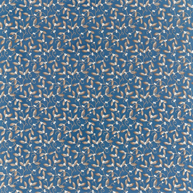 Muted blue fabric with dense cream and tan curling mistletoe sprigs