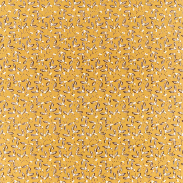 Saffron-gold embroidered ground with dense pale leaf sprigs and subtle raised texture