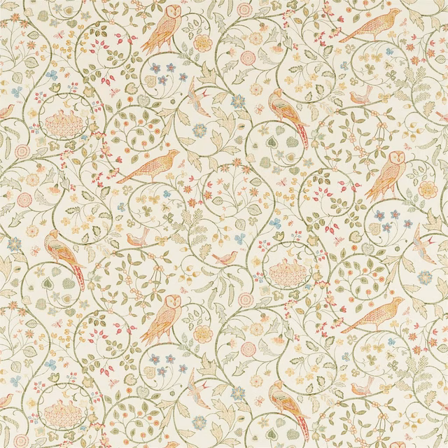 Cream botanical chintz with sage vines, dusty rose flowers and perched birds