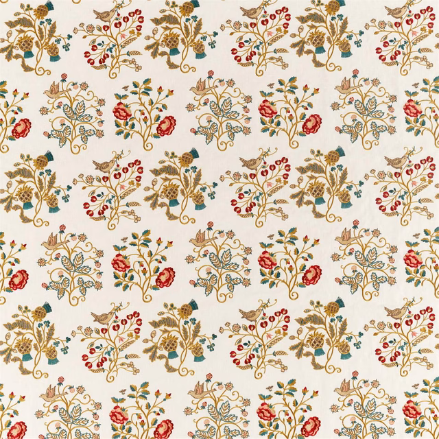 Antique cream textile with carmine flowers, teal leaves and scrolling botanical embroidery