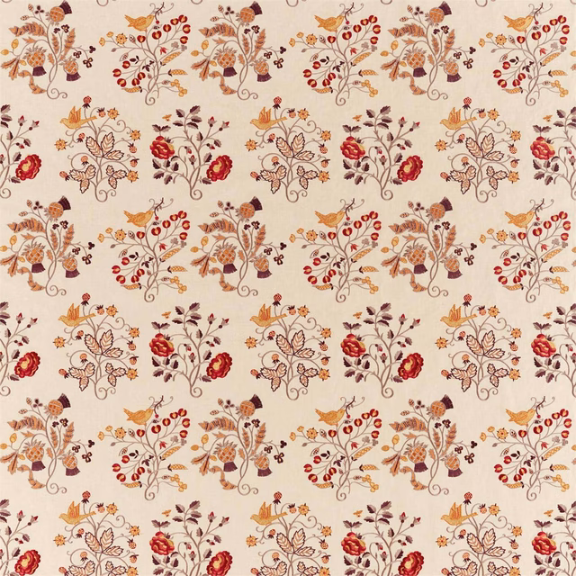 Cream botanical fabric with wine-red flowers and saffron foliage in a repeating weave
