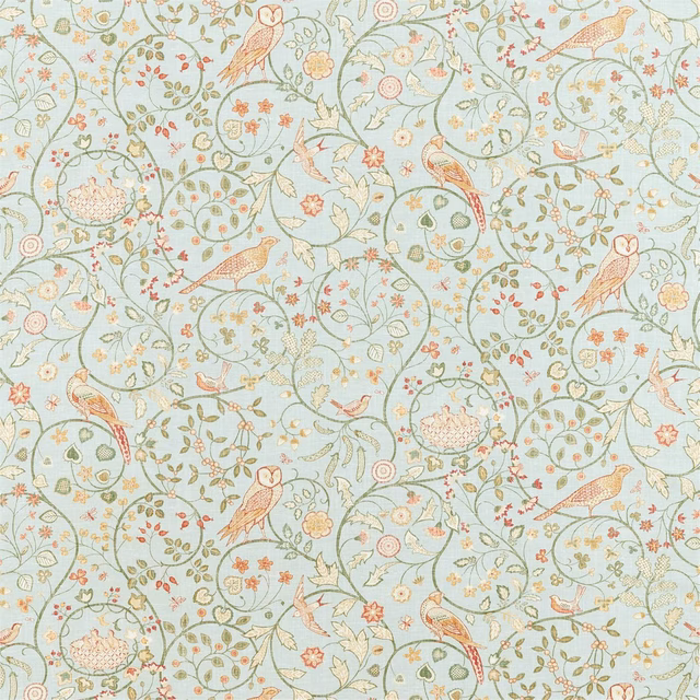 Pale grey-blue botanical fabric with birds, curling vines and muted terracotta flowers