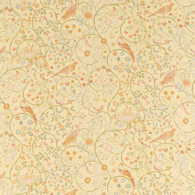 Lemon ground fabric with scrolling florals, birds, medallions and warm coral accents