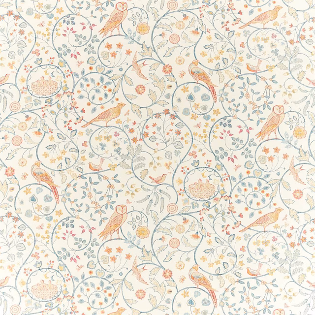 Cream textile with muted teal vines, coral birds and intricate floral medallions