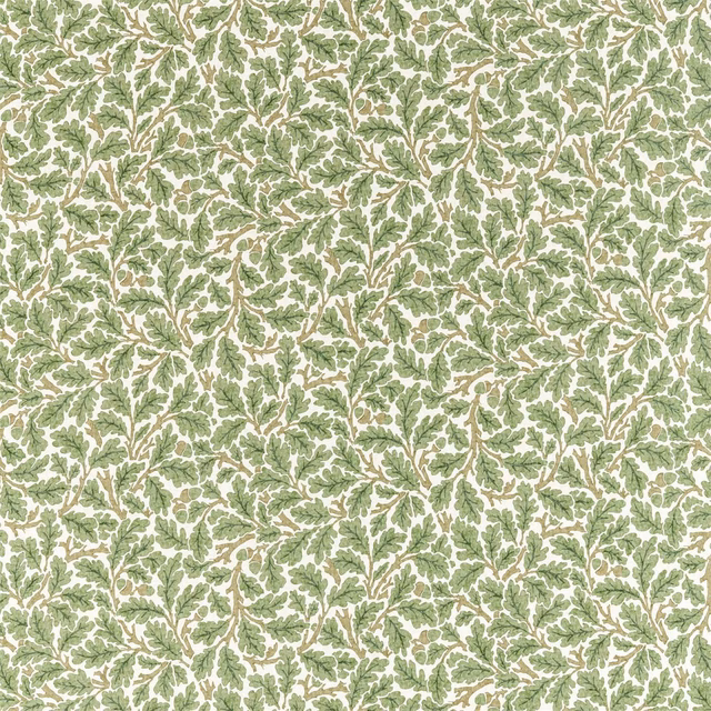 Dense muted sage oak leaves and branches on a warm cream textile ground