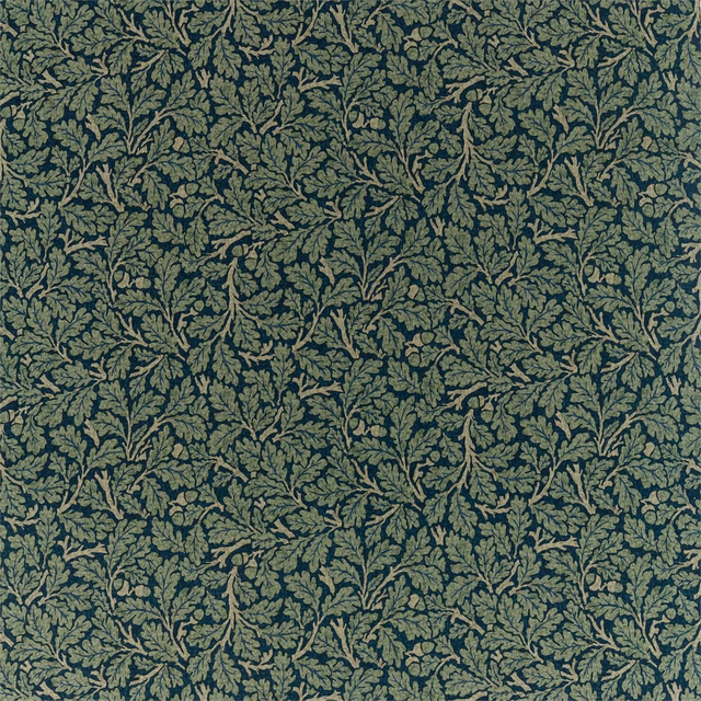 Muted olive oak leaves woven across a deep teal-slate botanical ground