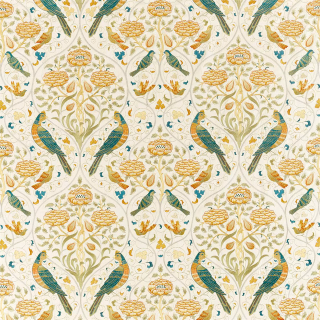 Cream botanical fabric with sea-glass birds and brick flowers in a repeating pattern