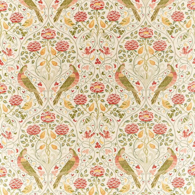 Cream botanical textile with coral flowers, sage leaves, ochre details and scrolling symmetry