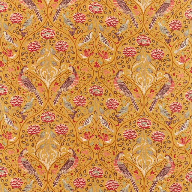 Saffron woven fabric with coral blossoms, cream foliage and plum botanical accents