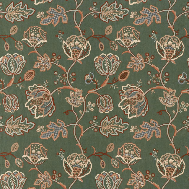 Bottle-green botanical embroidery with parchment flowers, russet stems and blue accents