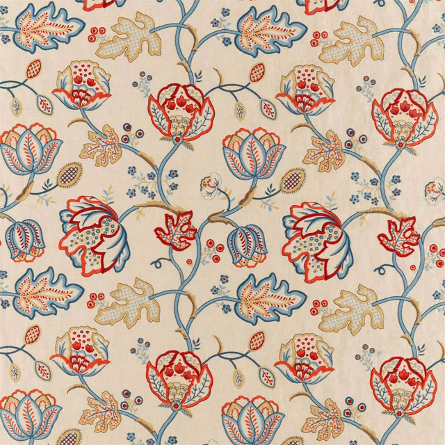 Cream embroidered ground with wine flowers, indigo stems and ochre leaves