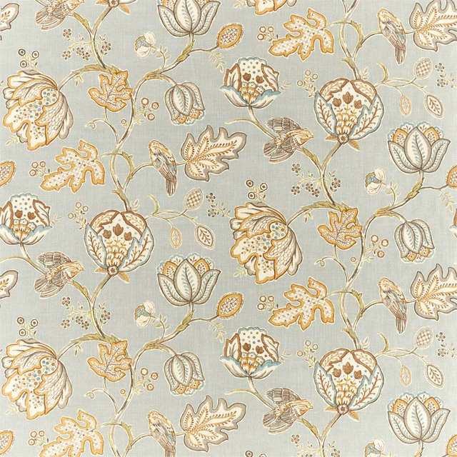 Cool blue-grey ground with cream, ochre flowers, leaves and small birds