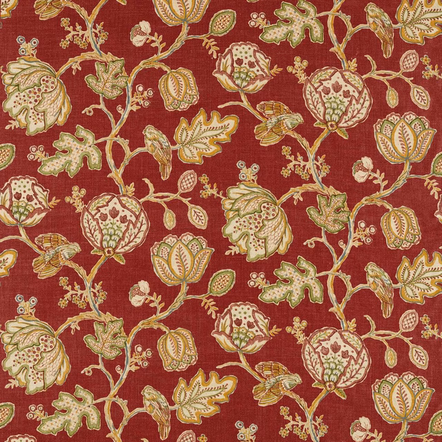Warm crimson woven ground with cream, olive and ochre pomegranate-like botanical motifs