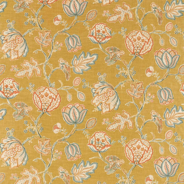 Warm saffron woven ground with coral, blue and cream scrolling floral motifs