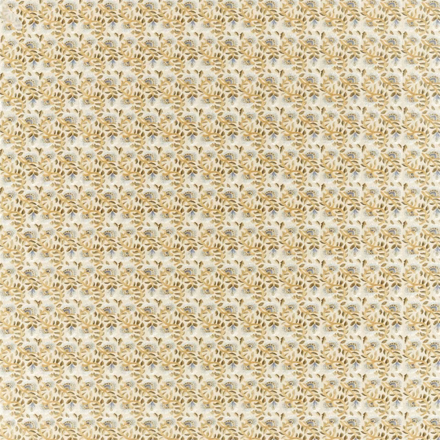 Warm cream fabric with densely spaced muted bayleaf sprig embroidery