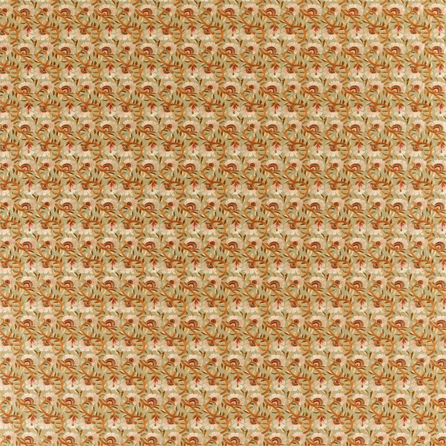 Cream embroidered fabric with tiny olive leaves and brick-red botanical motifs in a dense repeat
