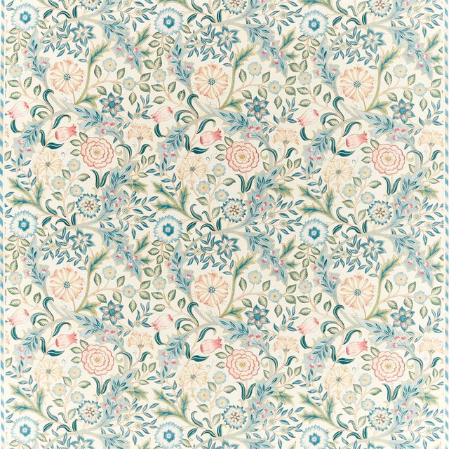 Ivory botanical fabric with teal leaves, coral blooms and repeating floral medallions