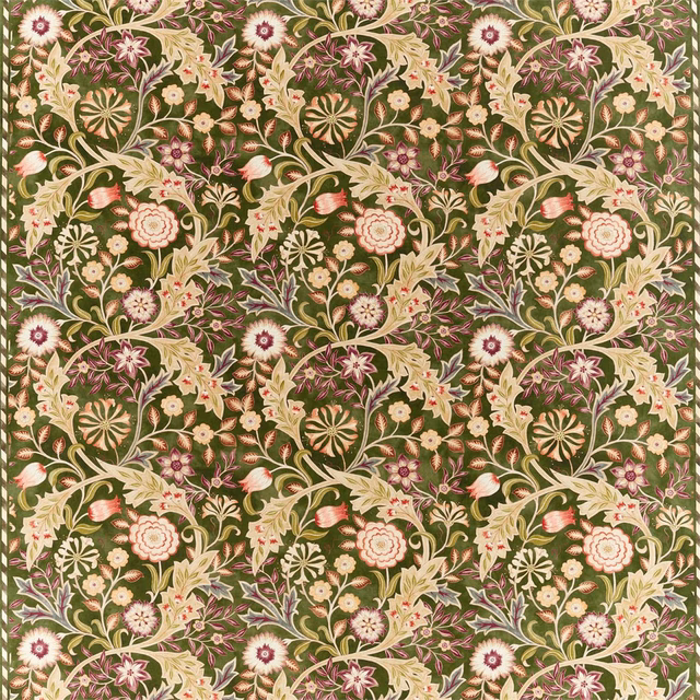 Moss-green floral textile with cream scrolling leaves, blush blooms and berry accents
