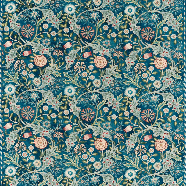Dense teal botanical fabric with cream, coral and pale blue-green scrolling flowers