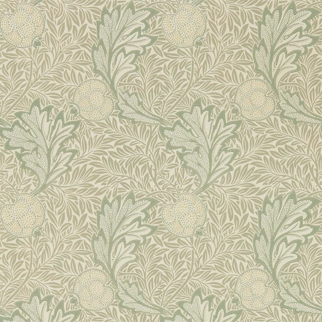 Muted sage wallpaper with cream fruit heads and fine olive leafy tracery