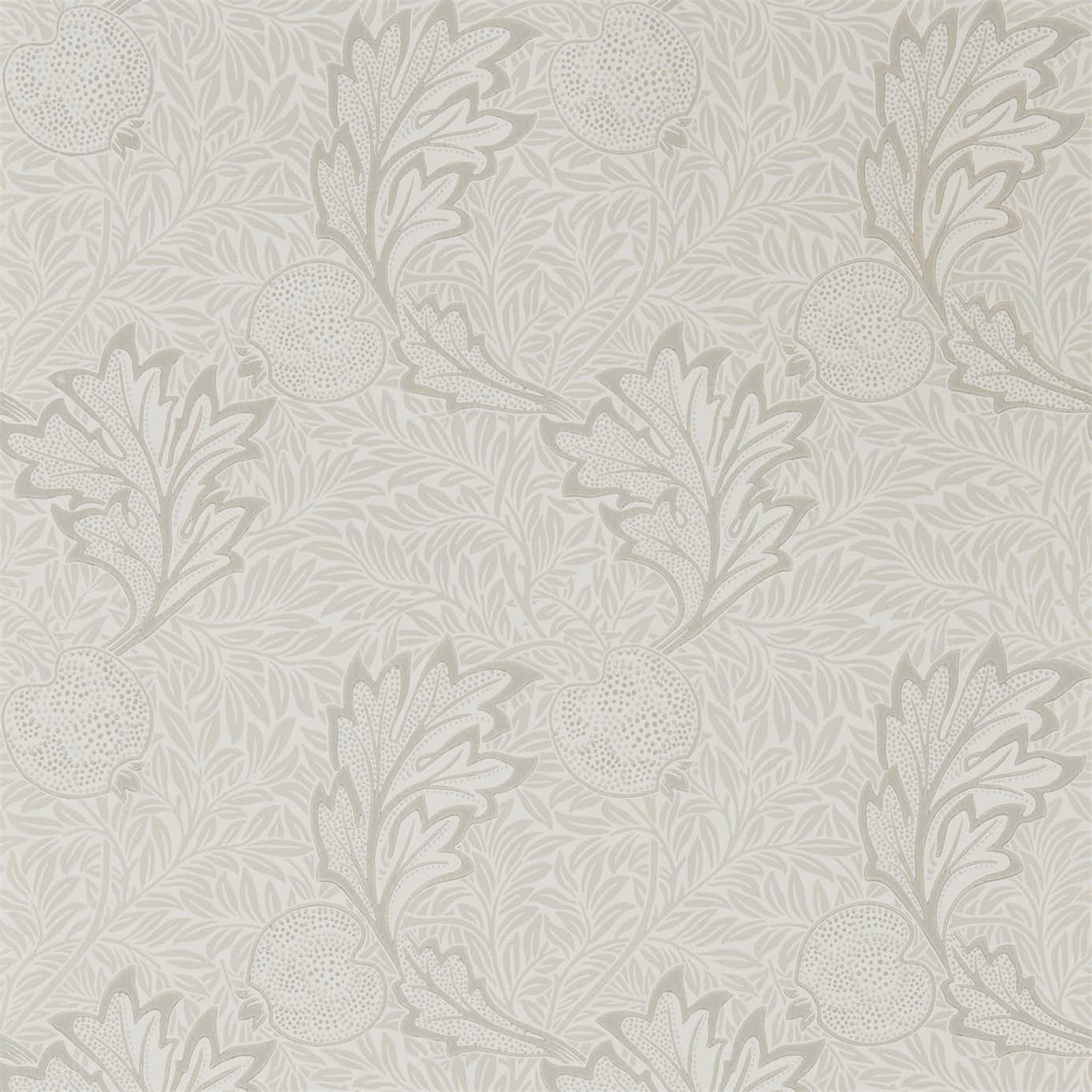 Chalk ivory wallpaper with pale sage leaves, dotted fruit and curling botanical stems