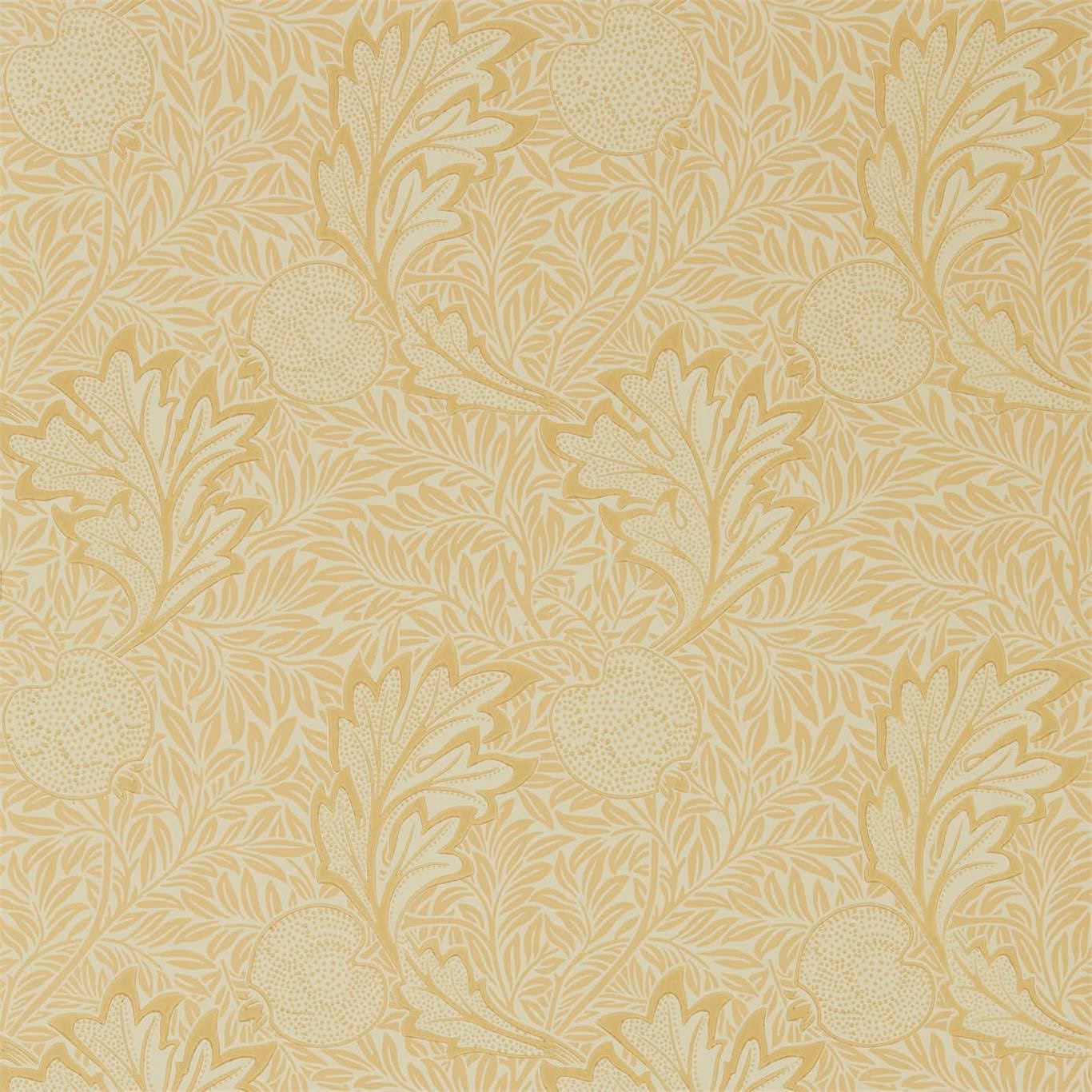 Apple honey gold wallpaper with cream Morris botanical stems, leaves and dotted round blooms