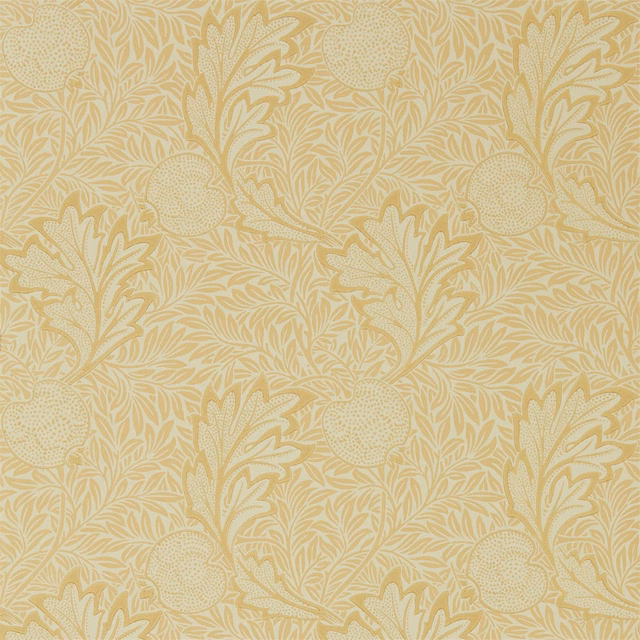 Apple honey gold wallpaper with cream Morris botanical stems, leaves and dotted round blooms