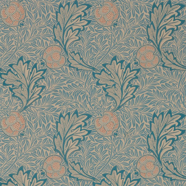 Muted teal wallpaper with coral pomegranates, scrolling leaves and fine dotted detail
