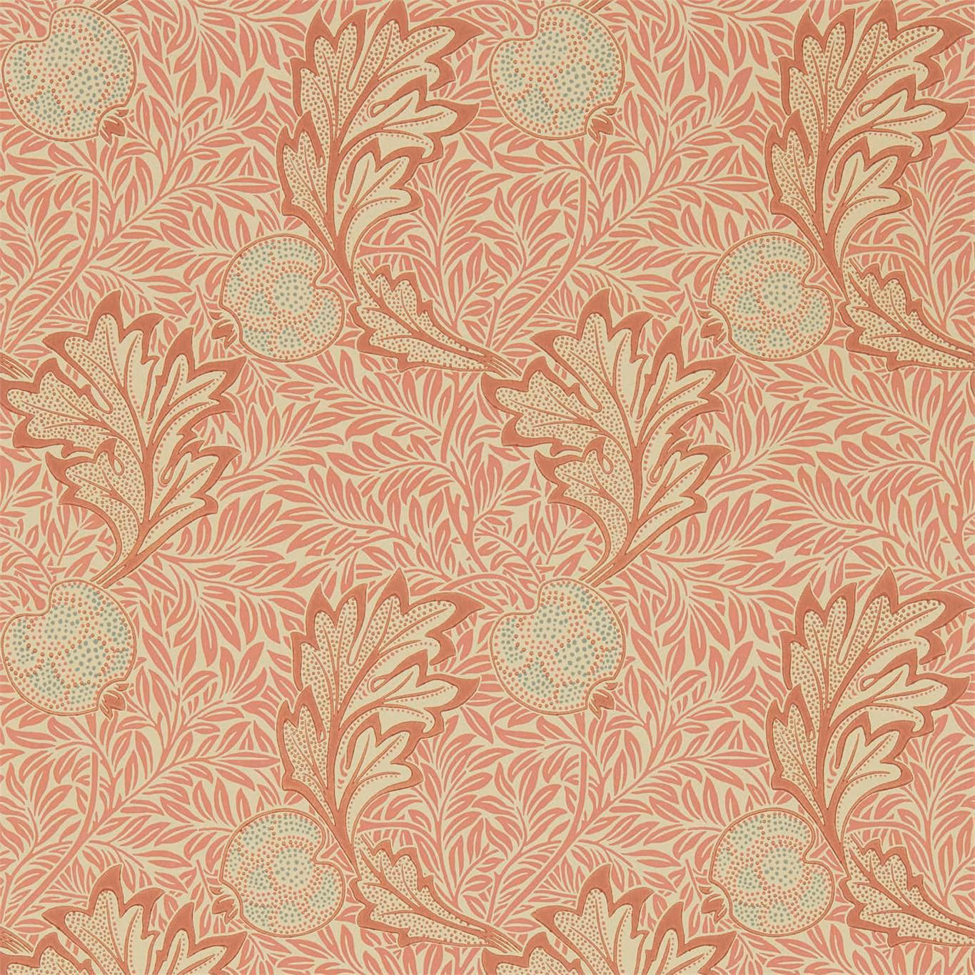 Warm coral wallpaper with rust birds, leafy sprays, gold linework and mint-dotted fruit