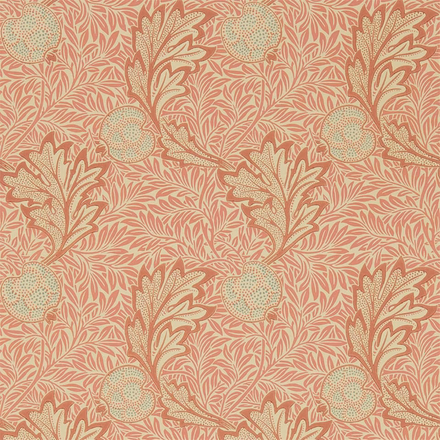 Warm coral wallpaper with rust birds, leafy sprays, gold linework and mint-dotted fruit