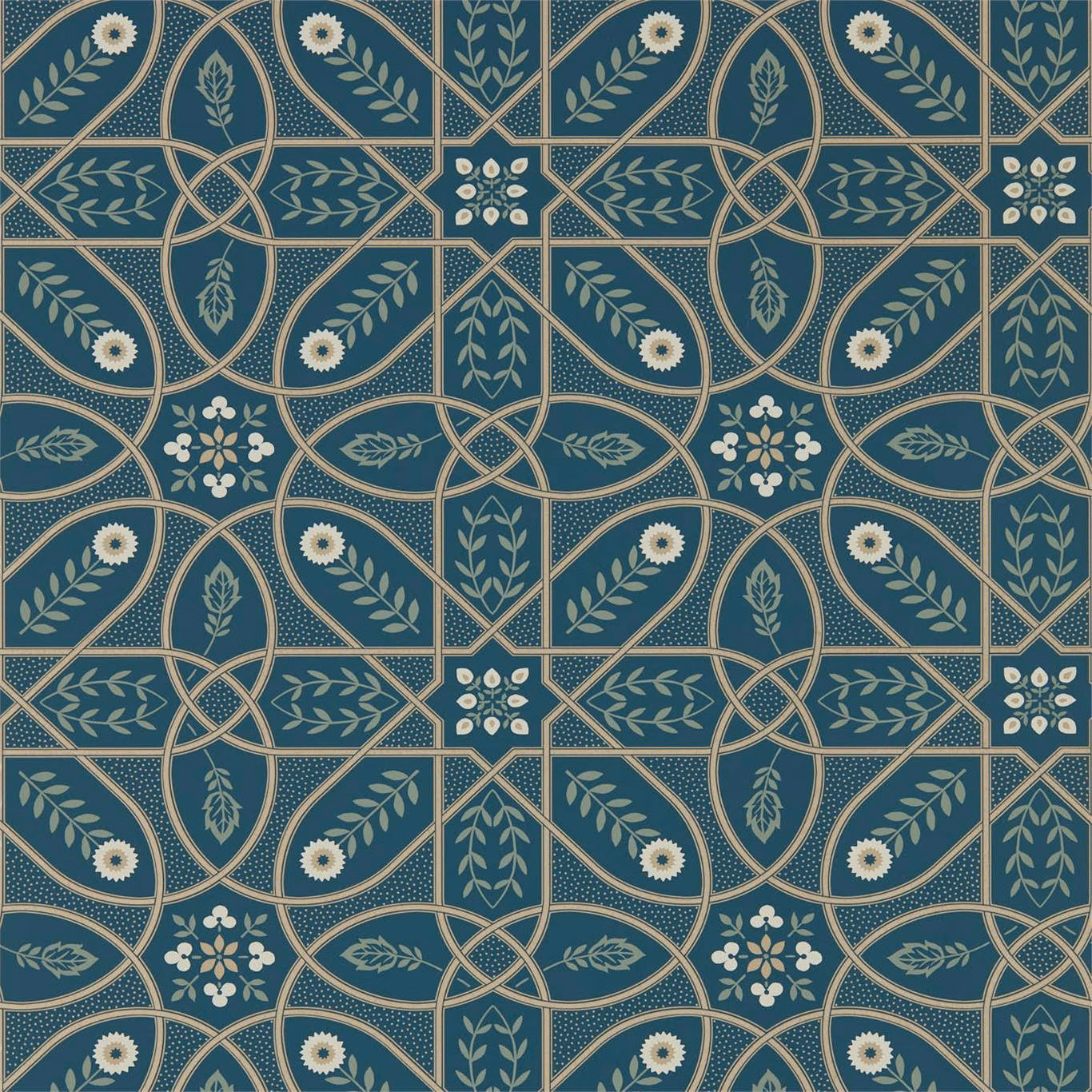 Deep teal wallpaper with cream botanical trellis, leaves, rosettes and looping geometric lines