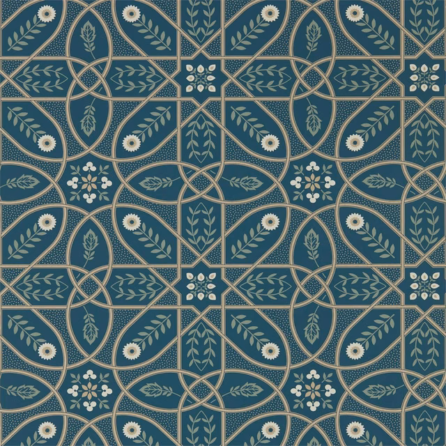 Deep teal wallpaper with cream botanical trellis, leaves, rosettes and looping geometric lines