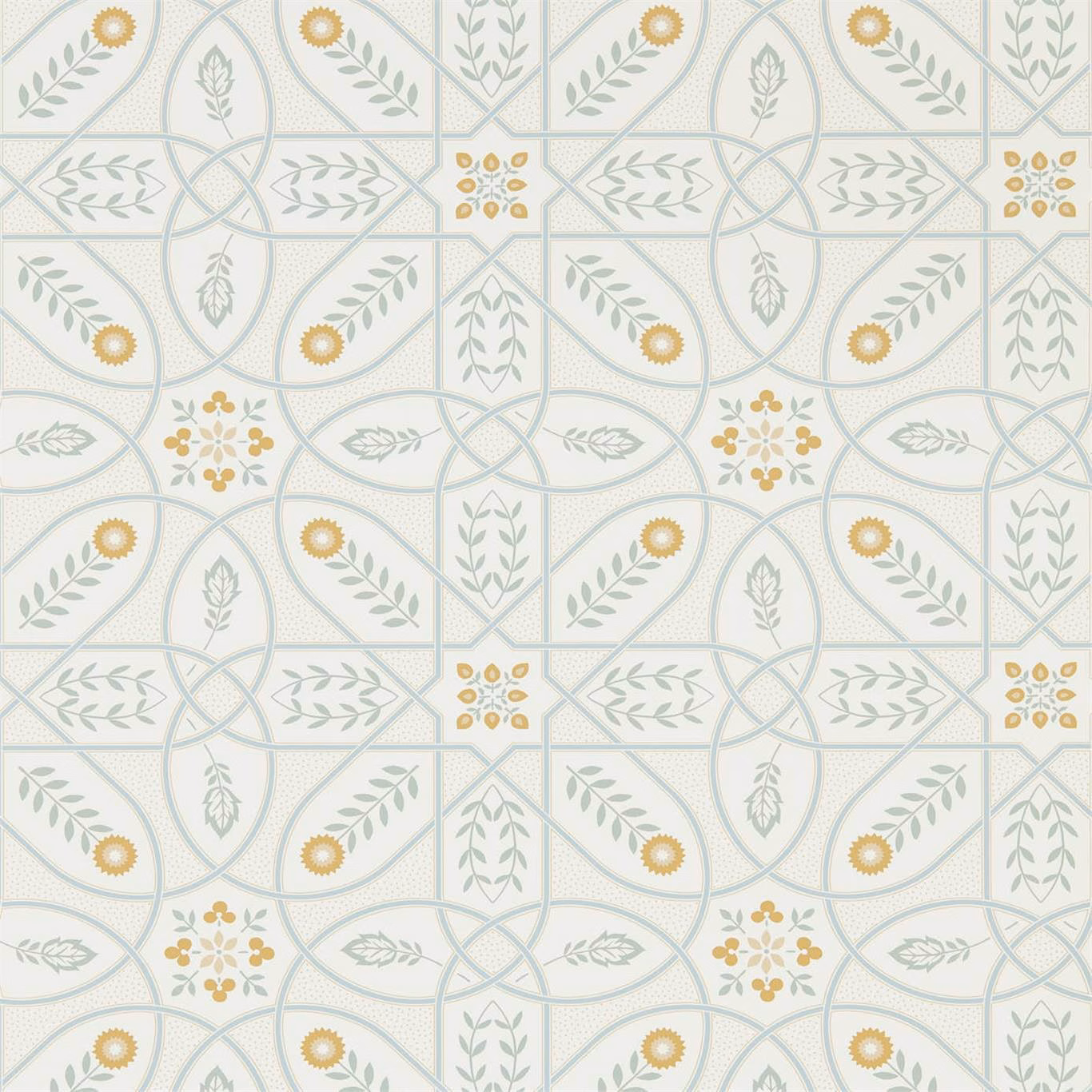 Ivory wallpaper with pale sage trellis, leaf sprays and ochre flowers