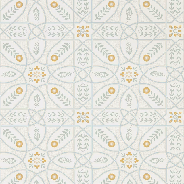 Ivory wallpaper with pale sage trellis, leaf sprays and ochre flowers