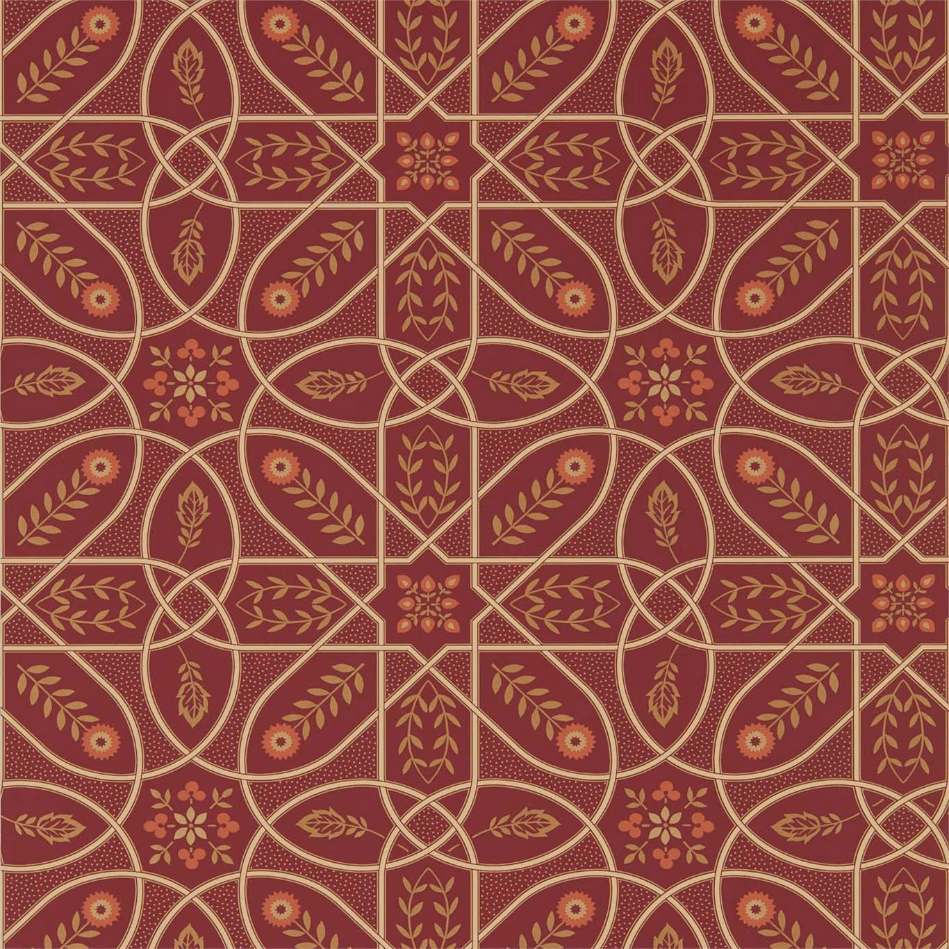 Deep burgundy wallpaper with gold trellis, russet leaves and floral medallions