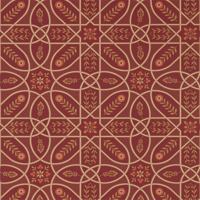 Deep burgundy wallpaper with gold trellis, russet leaves and floral medallions