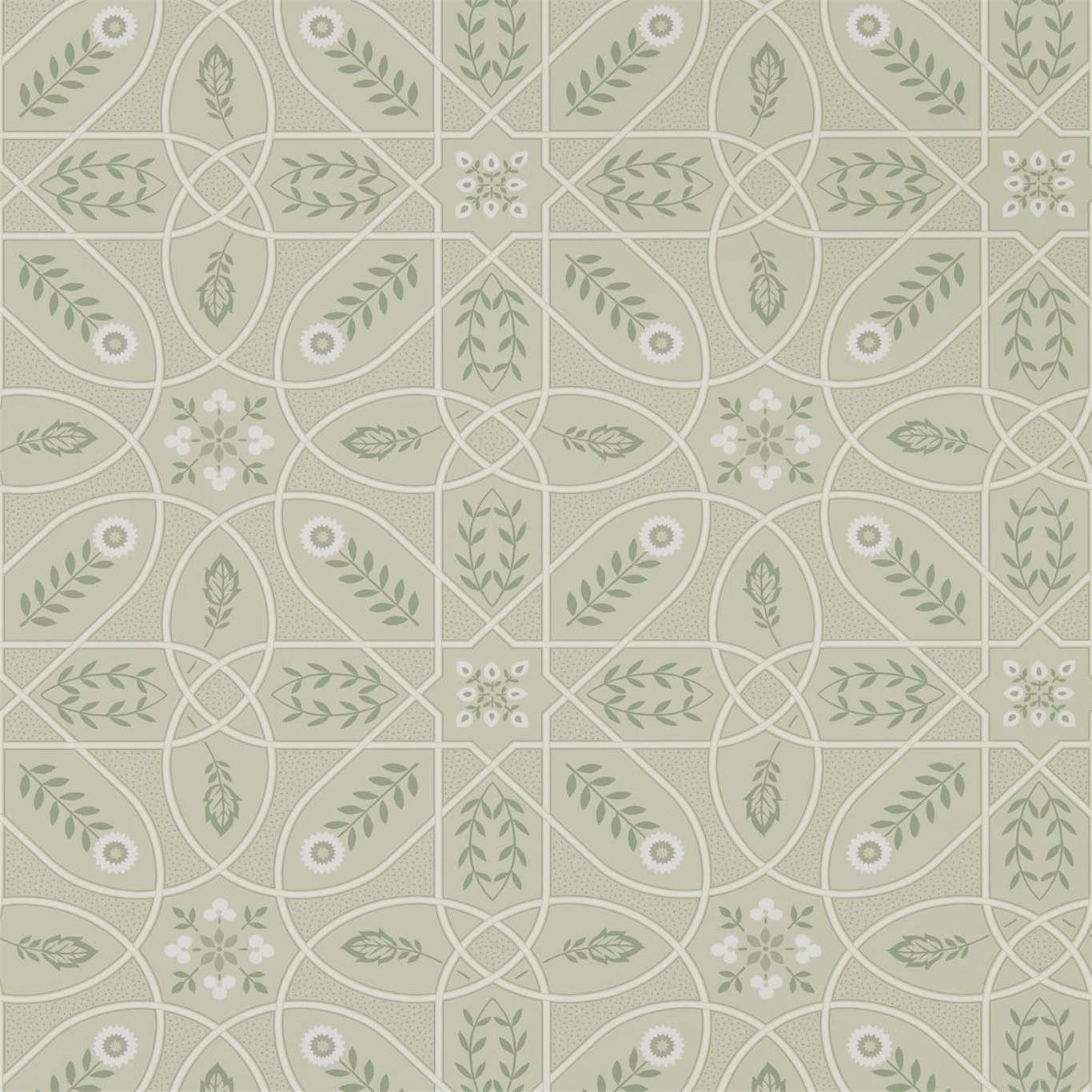 Muted sage wallpaper with cream trellis lines and repeating botanical medallions