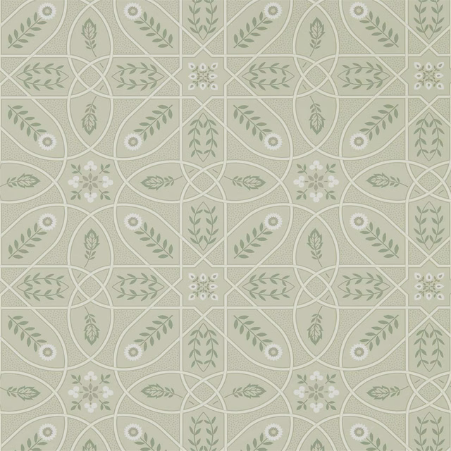 Muted sage wallpaper with cream trellis lines and repeating botanical medallions