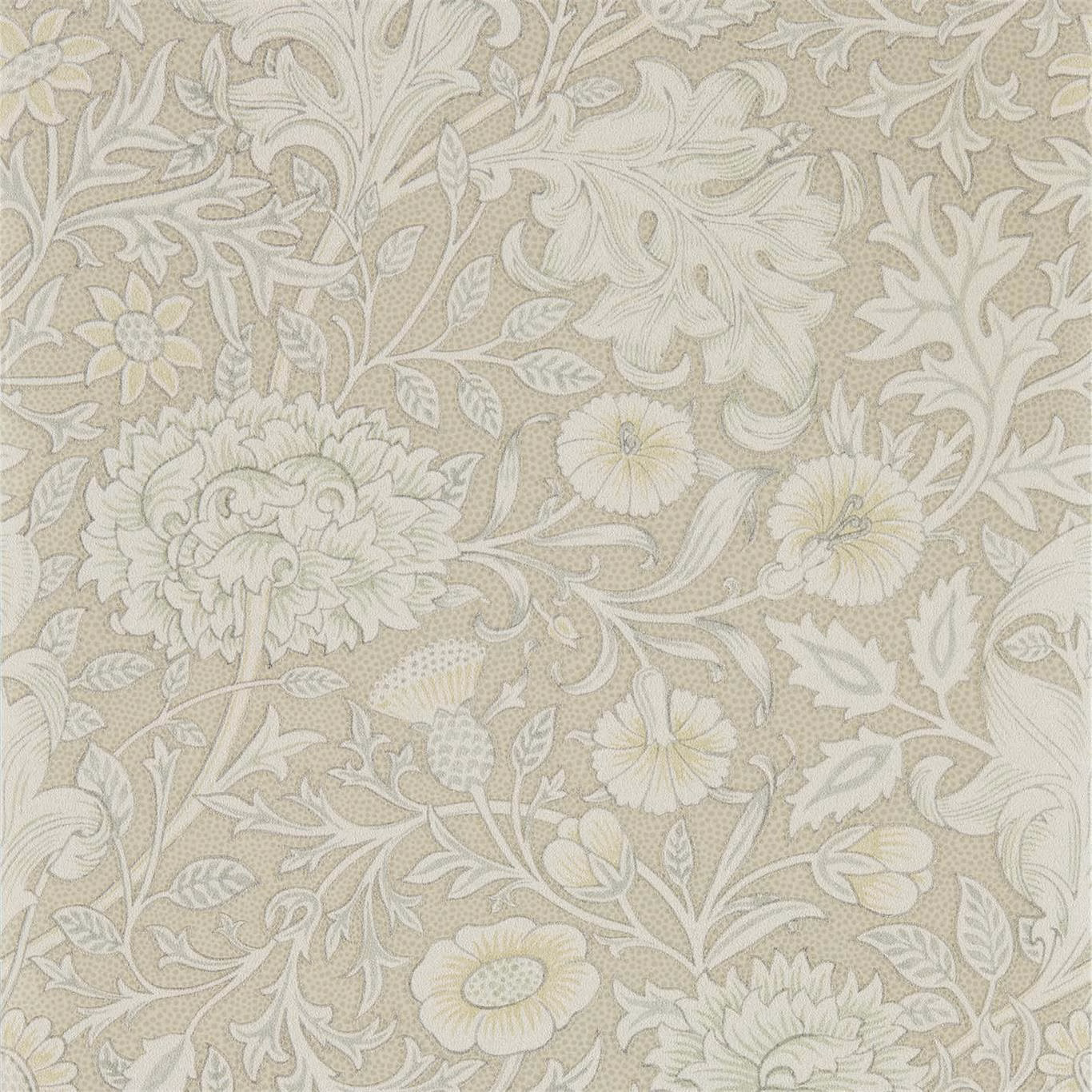 Pewter-taupe wallpaper with ivory boughs, scrolling leaves and layered botanical flowers
