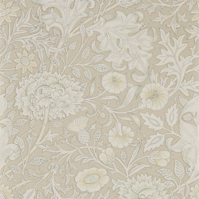 Pewter-taupe wallpaper with ivory boughs, scrolling leaves and layered botanical flowers