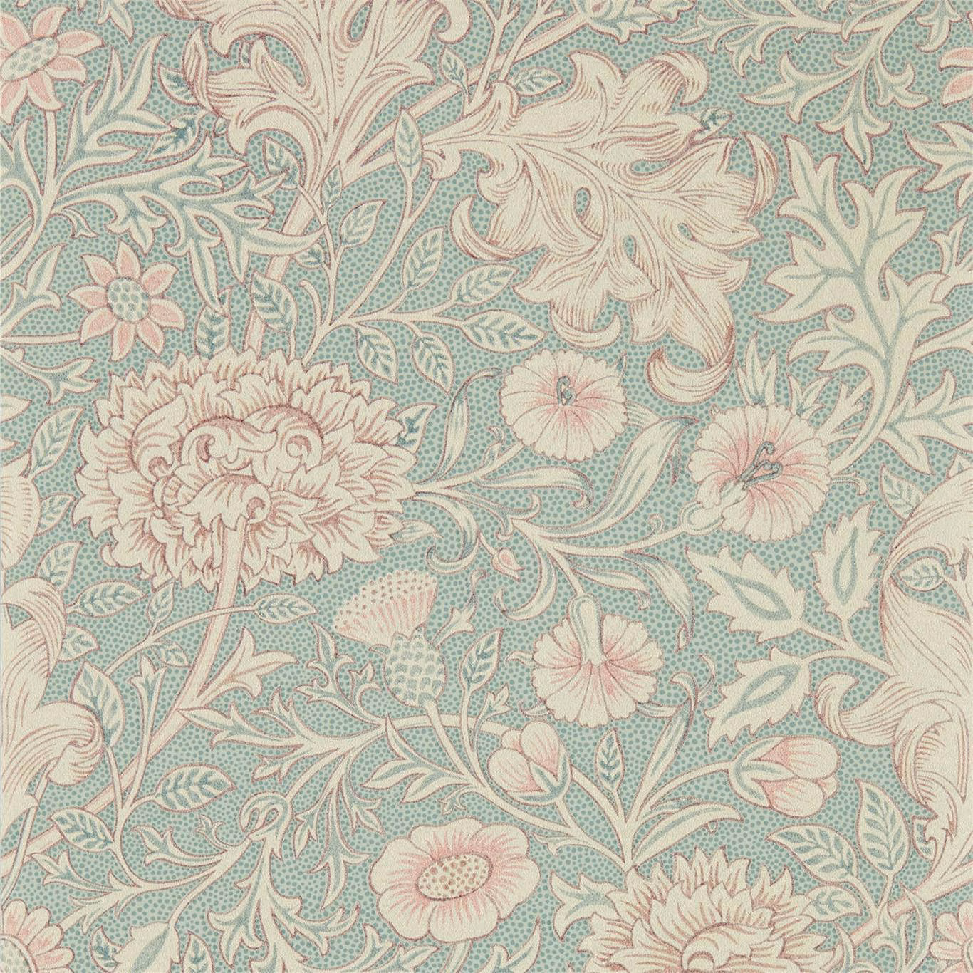 Muted teal wallpaper with blush flowers and cream scrolling boughs