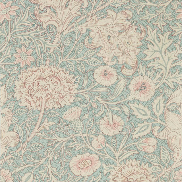 Muted teal wallpaper with blush flowers and cream scrolling boughs