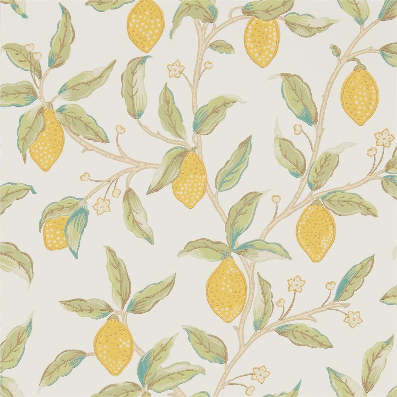 Pale sage wallpaper with yellow lemons, leafy branches and delicate blossom motifs
