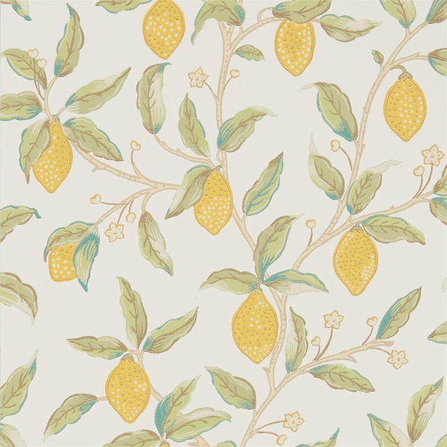 Pale sage wallpaper with yellow lemons, leafy branches and delicate blossom motifs