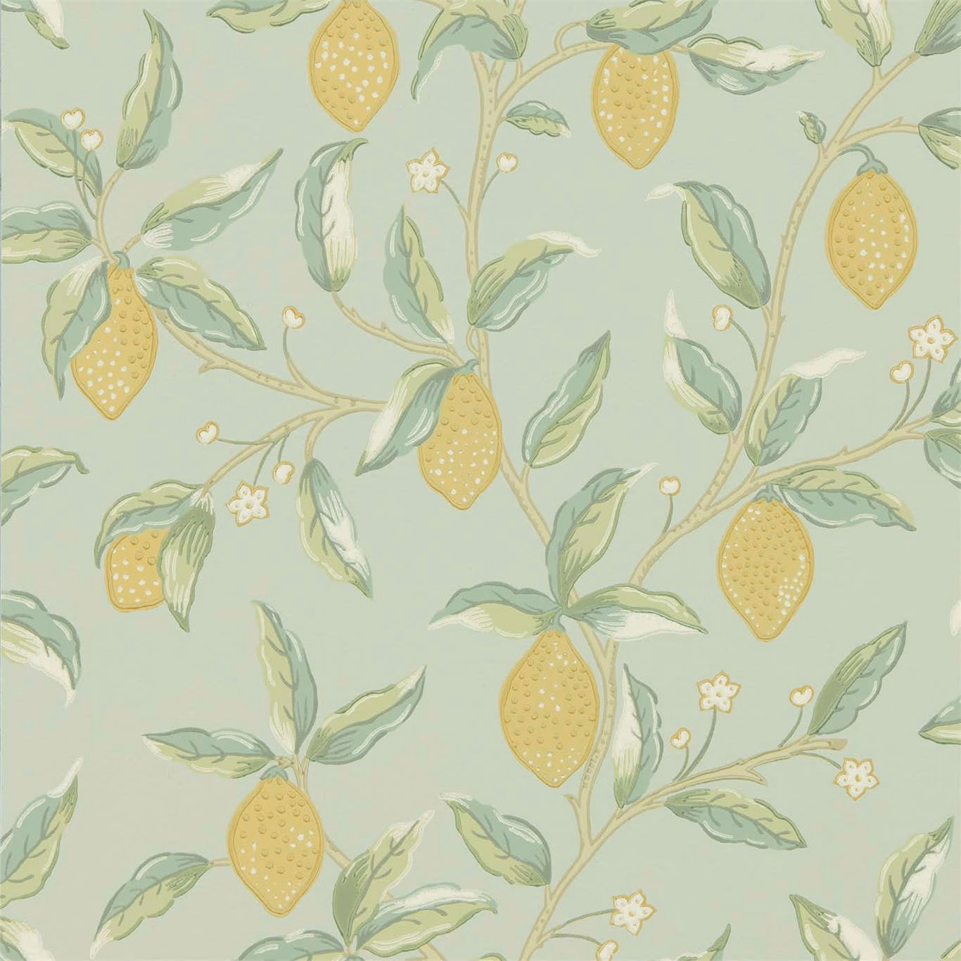 Pale sage wallpaper with yellow lemons, curling leaves and tiny white botanical flowers