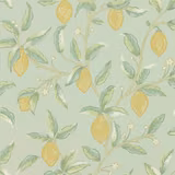 Pale sage wallpaper with yellow lemons, curling leaves and tiny white botanical flowers